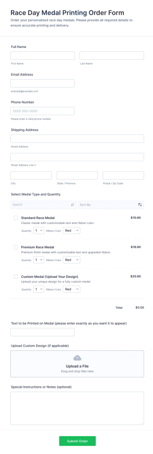 Race Day Medal Printing Order Form Template