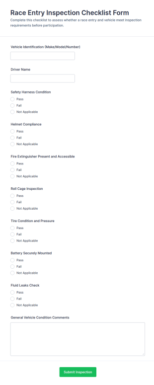 Race Entry Inspection Checklist Form Template | Jotform