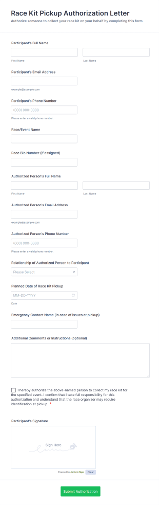 Race Kit Pickup Authorization Letter Form Template