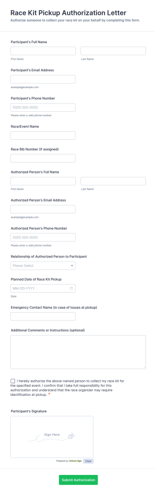 Race Kit Pickup Authorization Letter Form Template