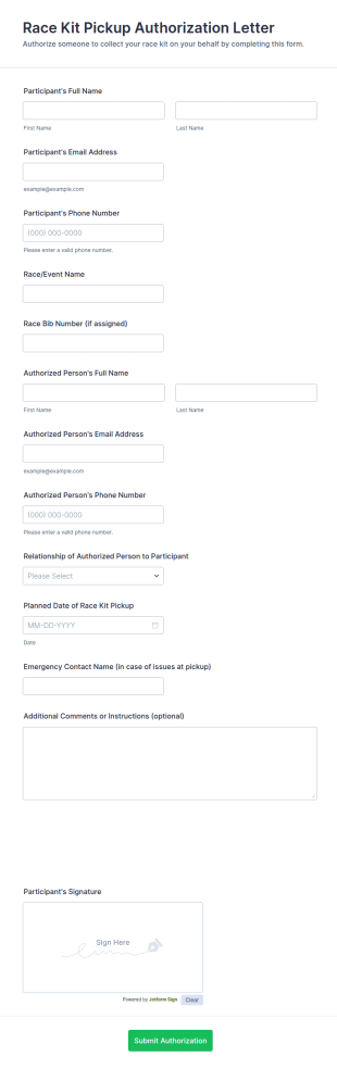 Race Kit Pickup Authorization Letter Form Template