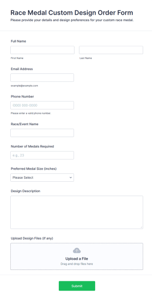 Race Medal Custom Design Order Form Template