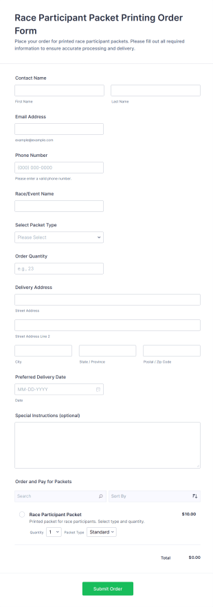 Race Participant Packet Printing Order Form Template