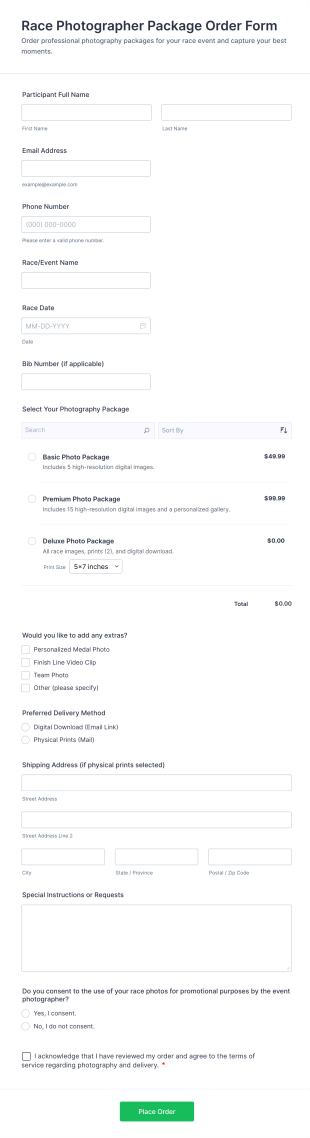 Race Photographer Package Order Form Template