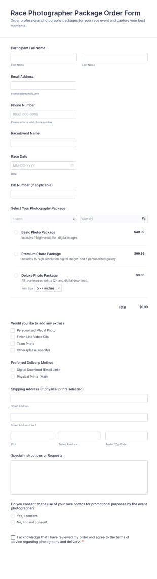 Race Photographer Package Order Form Template