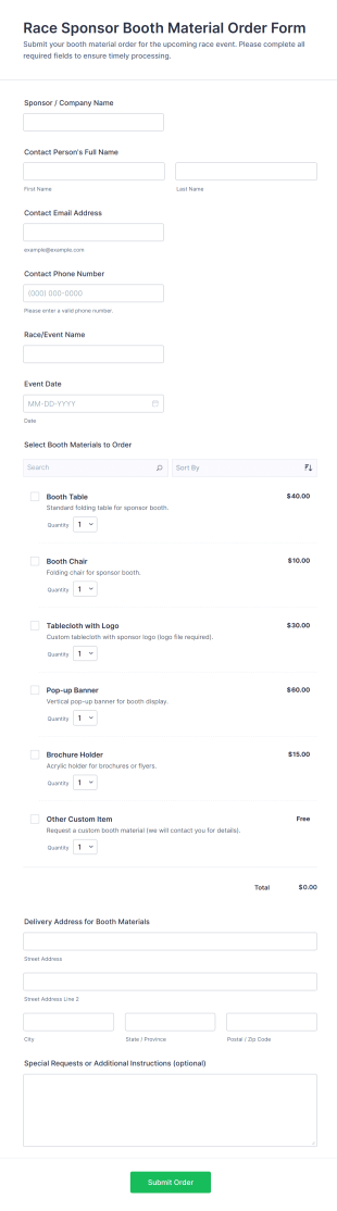 Race Sponsor Booth Material Order Form Template