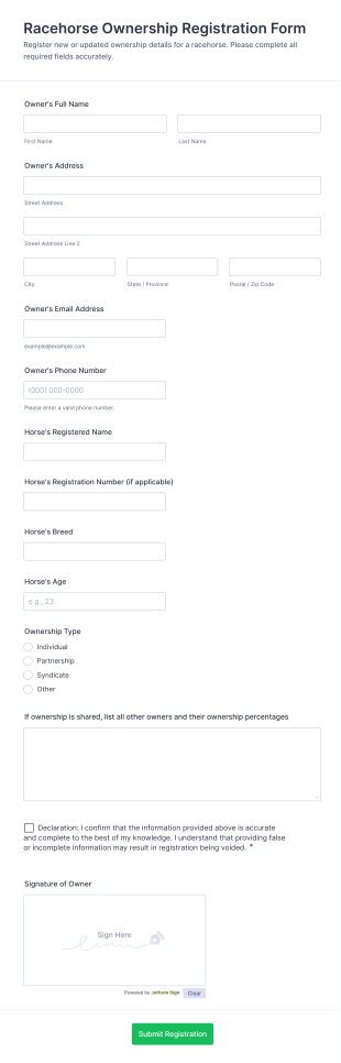 Racehorse Ownership Registration Form Template