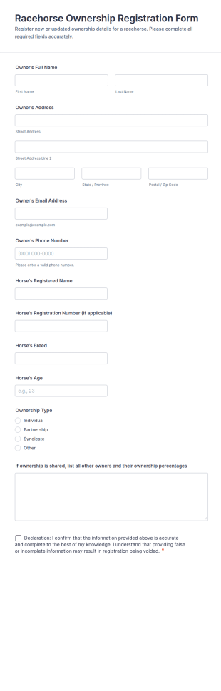 Racehorse Ownership Registration Form Template