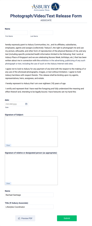 Rachael ASSOCIATE PhotographVideoText Release Form Template