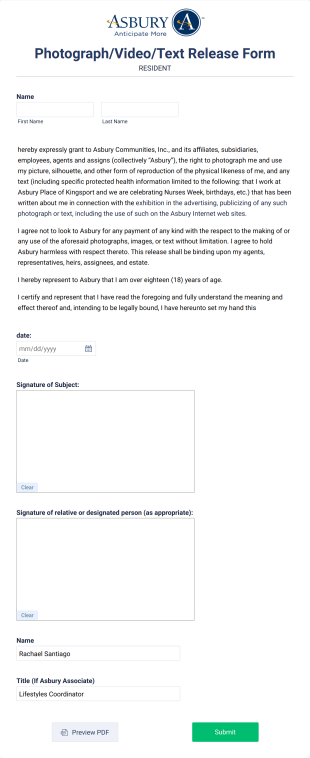 Rachael RESIDENT PhotographVideoText Release Form Template