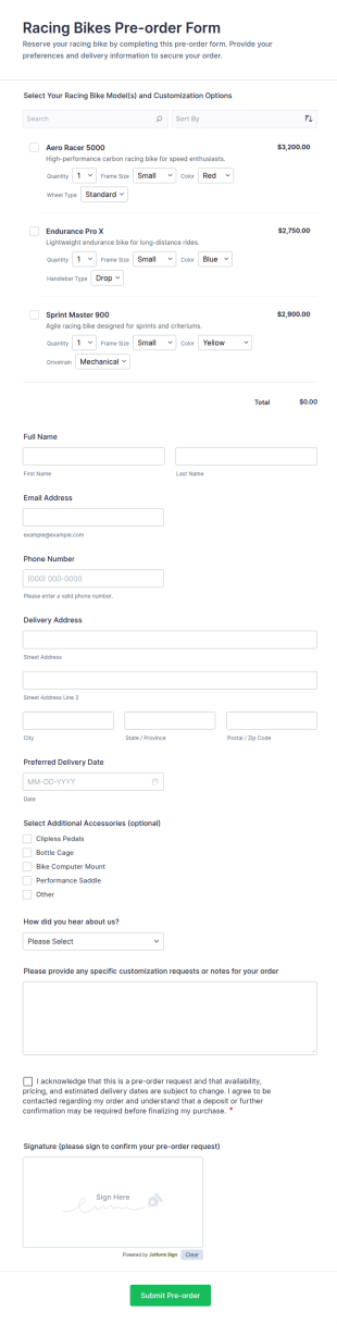 Racing Bikes Pre Order Form Template