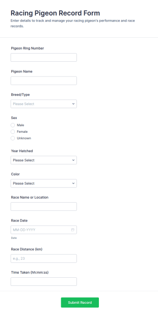 Racing Pigeon Record Form Template