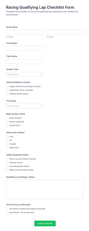 Racing Qualifying Lap Checklist Form Template