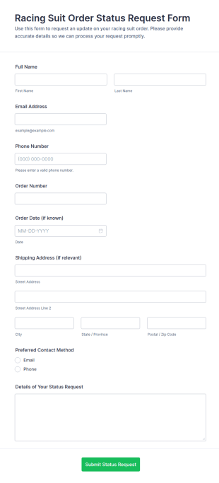Racing Suit Order Status Request Form Template