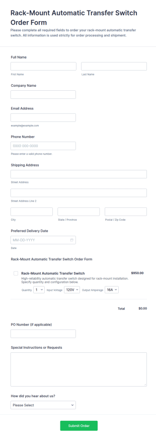 Rack Mount Automatic Transfer Switch Order Form Template