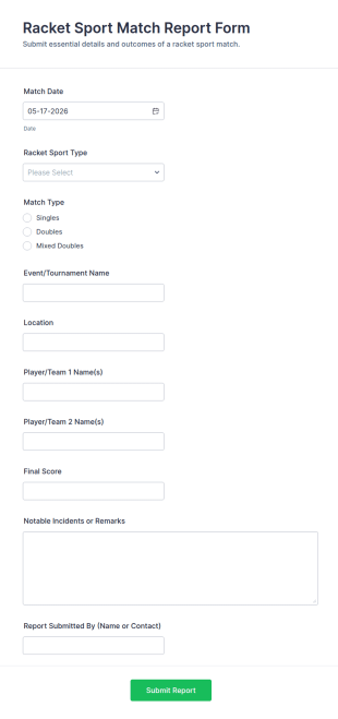 Racket Sport Match Report Form Template