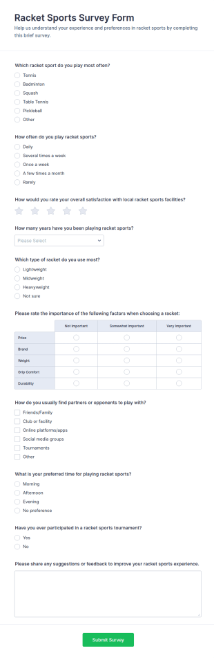 Racket Sports Survey Form Template