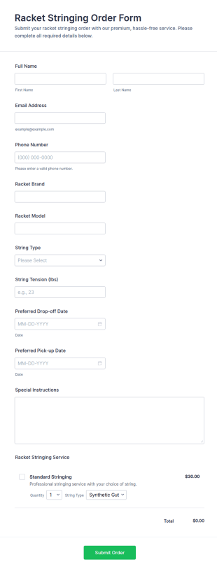 Racket Stringing Order Form Template
