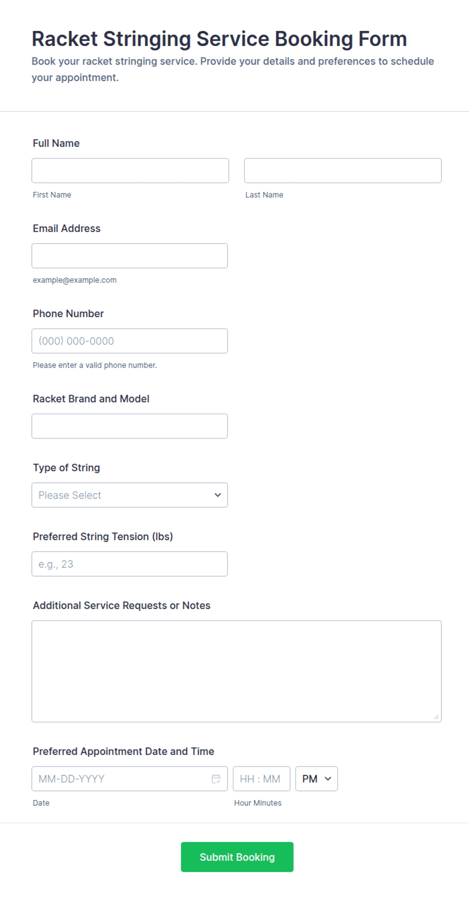 Racket Stringing Service Booking Form Template | Jotform