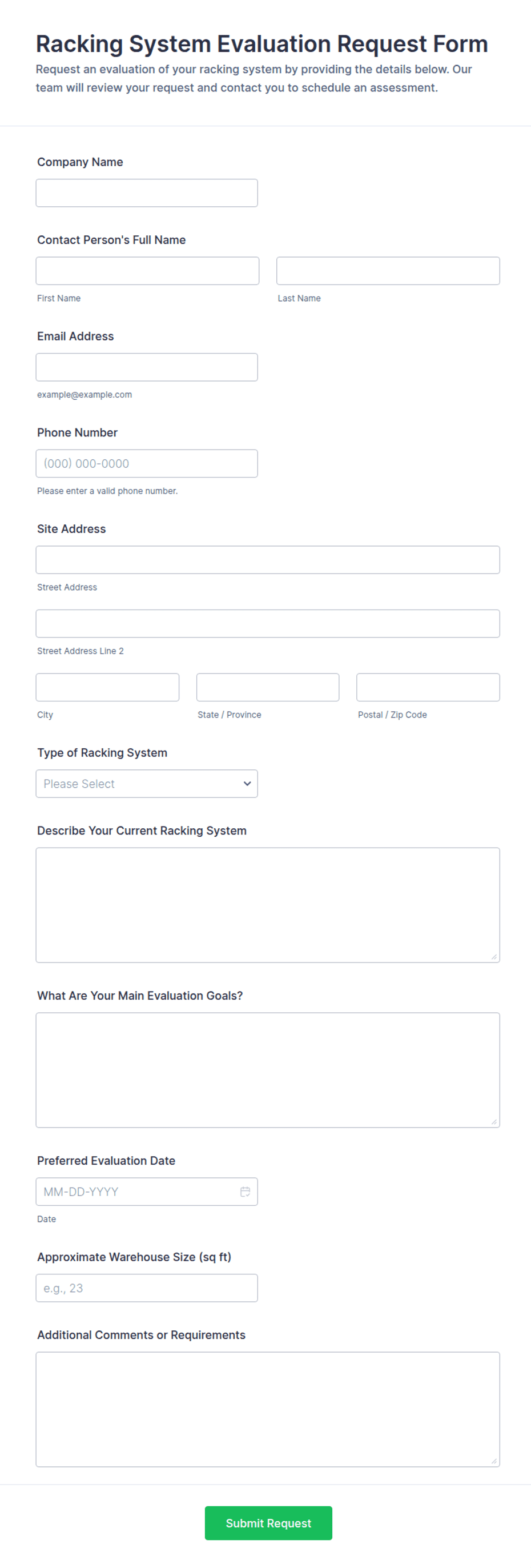 Sync Storage Racking Racking System Evaluation Request Form Template | Jotform