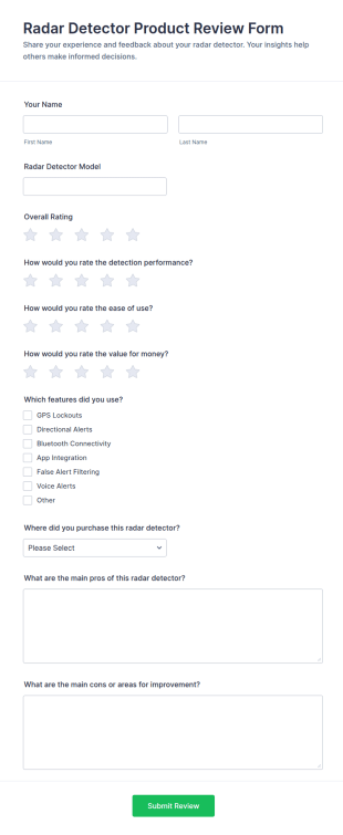 Radar Detector Product Review Form Template