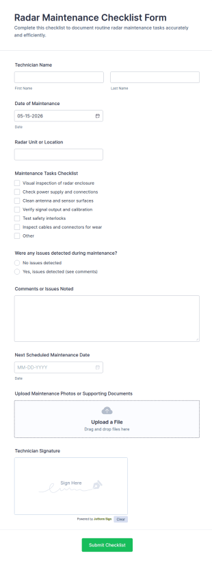 Radar Maintenance Checklist Form Template