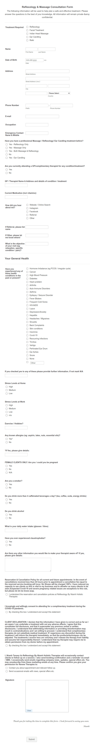 Reflexology And Massage Consultation Form Template