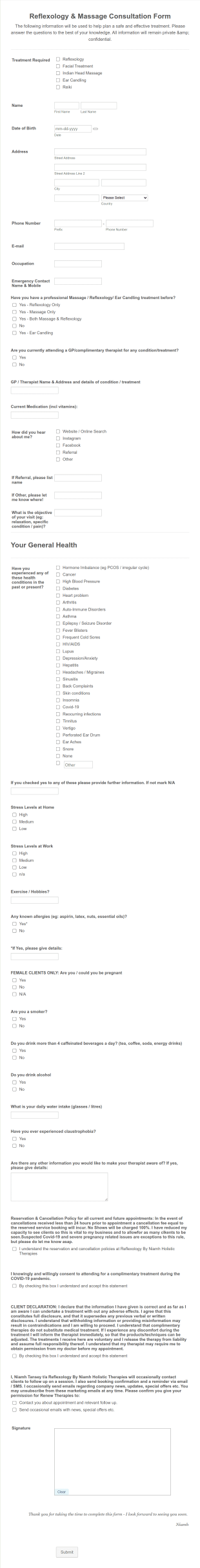 Reflexology And Massage Consultation Form Template