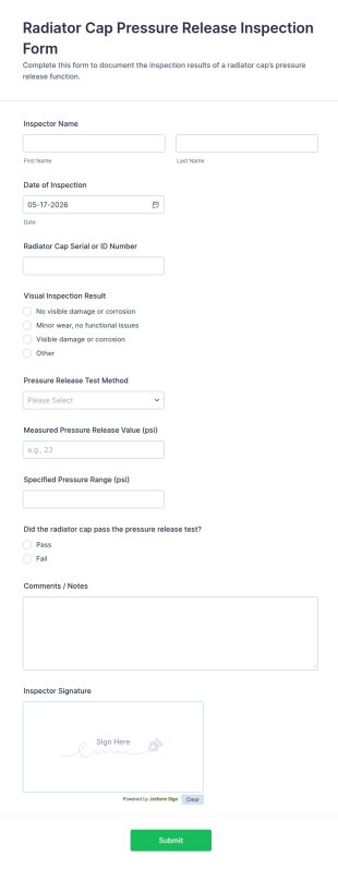 Radiator Cap Pressure Release Inspection Form Template