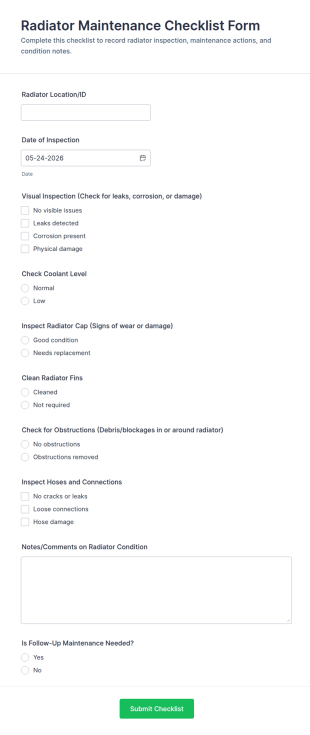 Radiator Maintenance Checklist Form Template