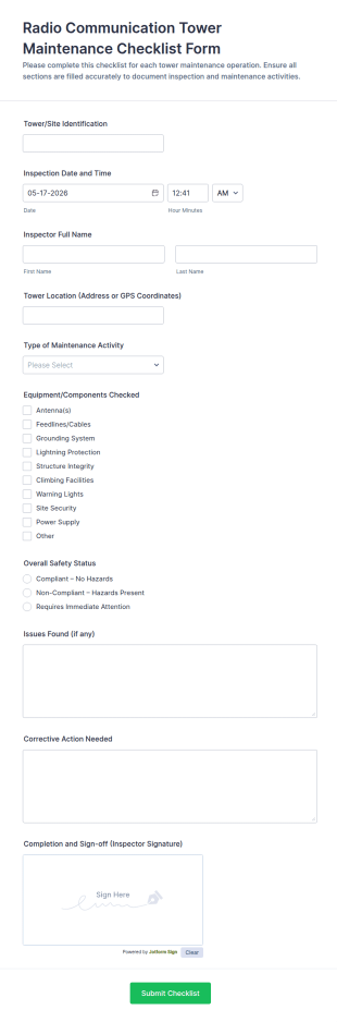 Radio Communication Tower Maintenance Checklist Form Template