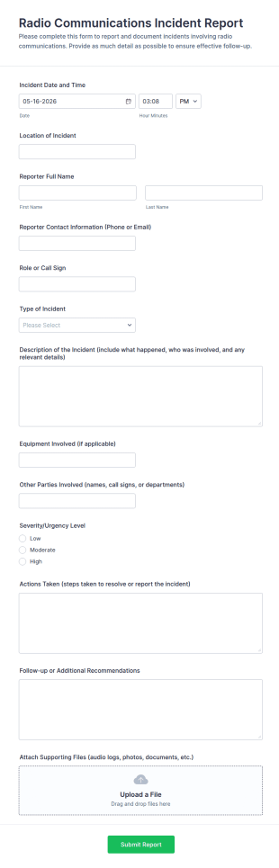 Radio Communications Incident Report Form Template