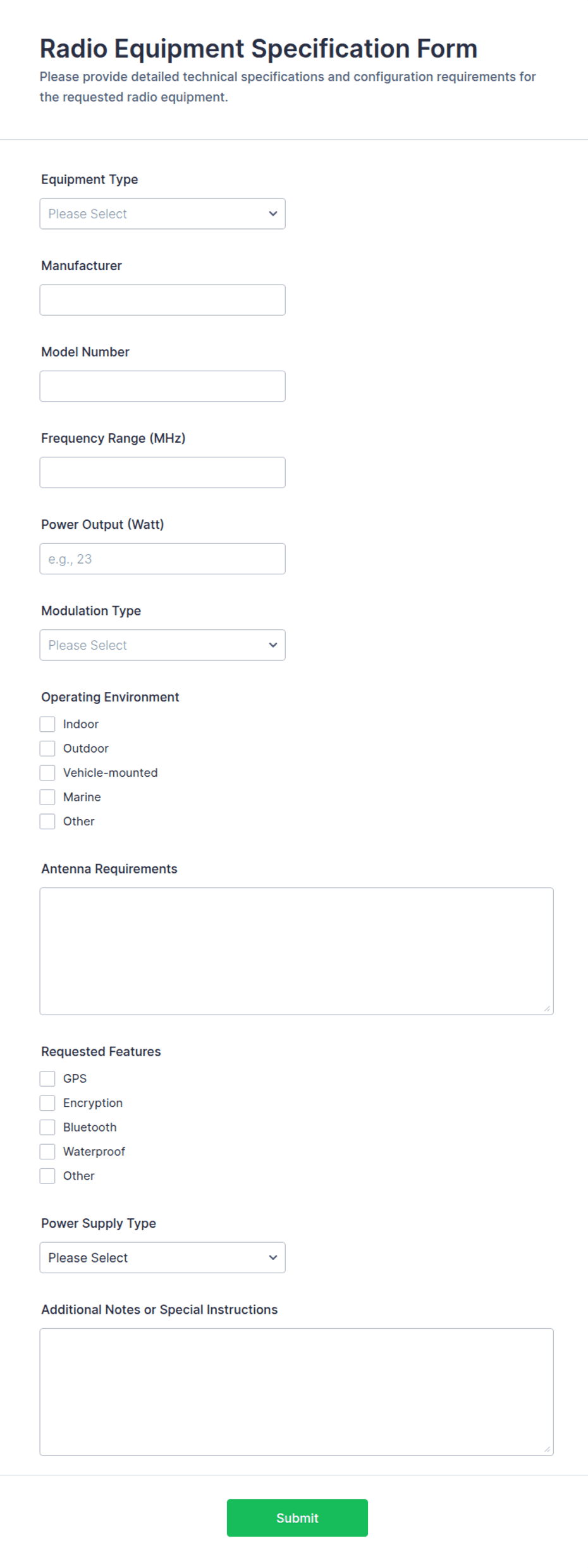 Radio Equipment Specification Form Template | Jotform