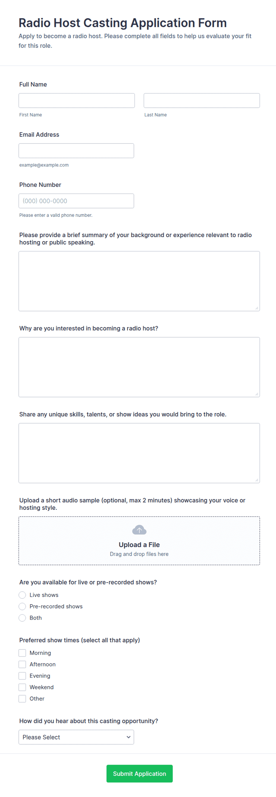 Radio Host Casting Application Form Template | Jotform