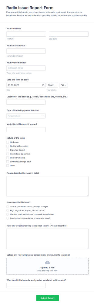 Radio Issue Report Form Template