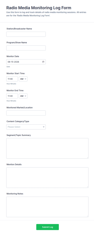 Radio Media Monitoring Log Form Template