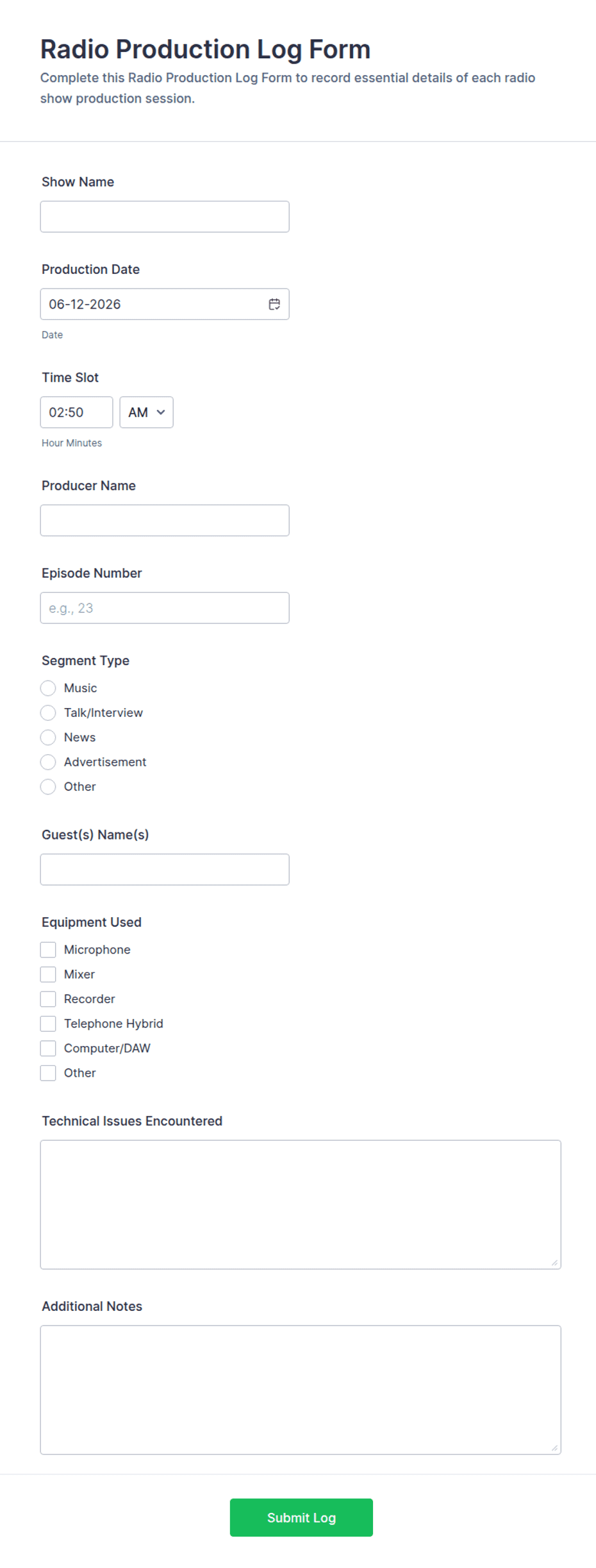 Radio Production Log Form Template | Jotform