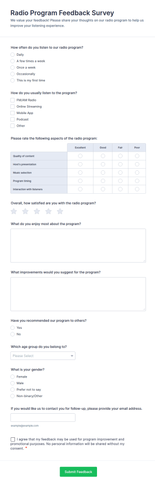 Radio Program Feedback Survey Form Template