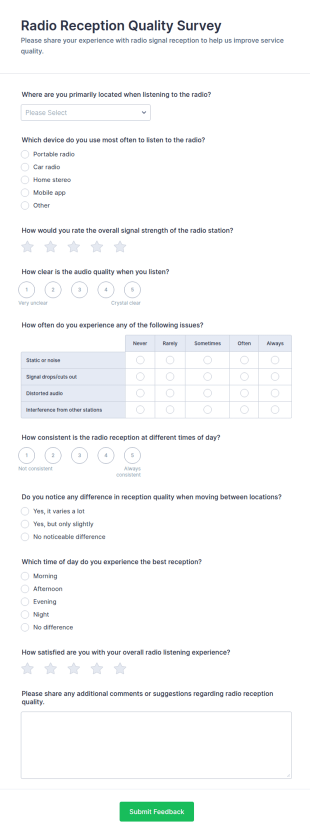 Radio Reception Quality Survey Form Template