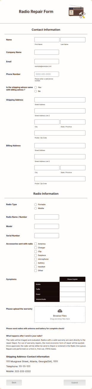 Radio Repair Form Template
