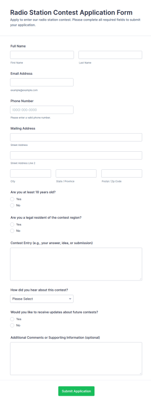 Radio Station Contest Application Form Template