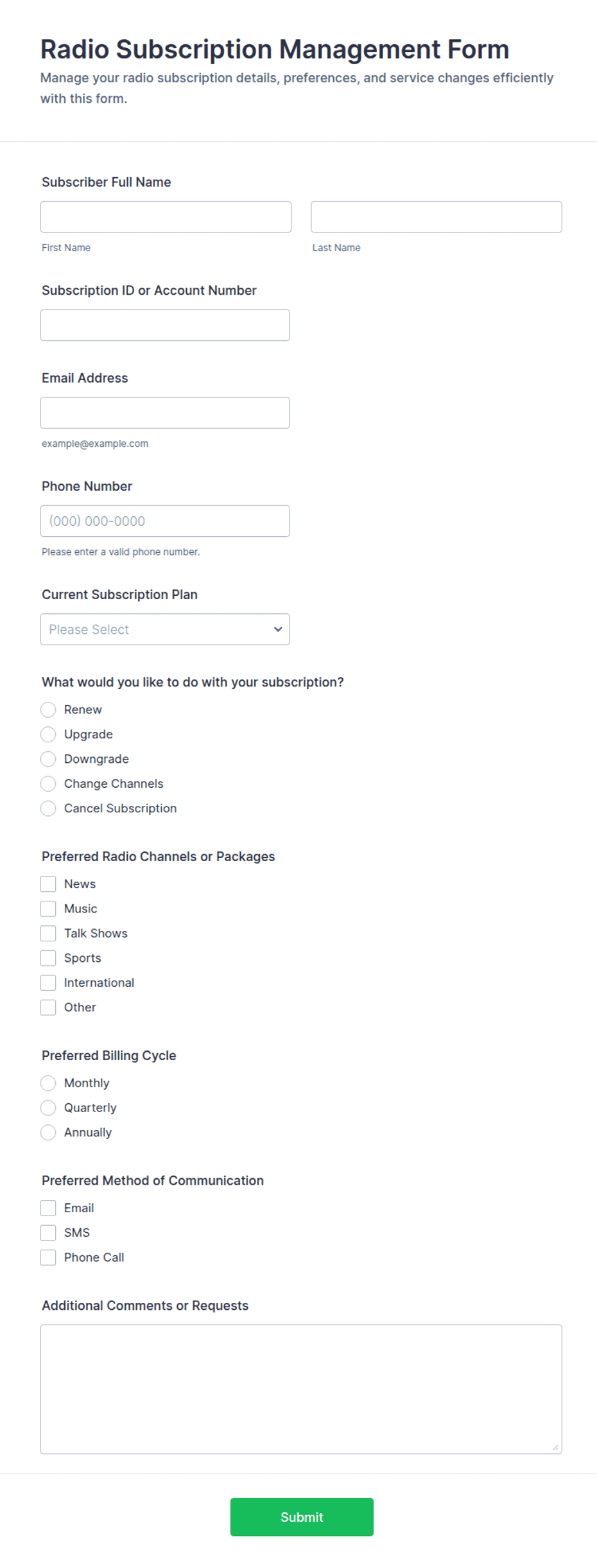 Radio Subscription Management Form Template | Jotform