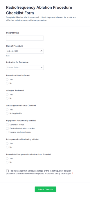 Radiofrequency Ablation Procedure Checklist Form Template