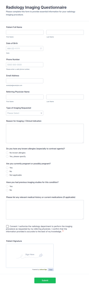 Radiology Imaging Questionnaire Form Template
