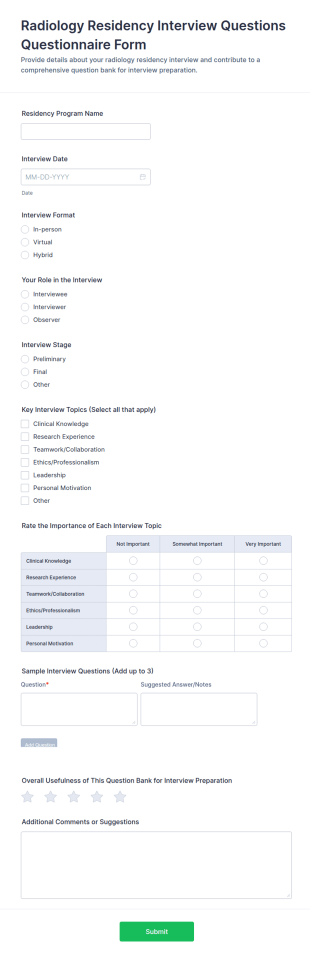Radiology Residency Interview Questions Questionnaire Form Template