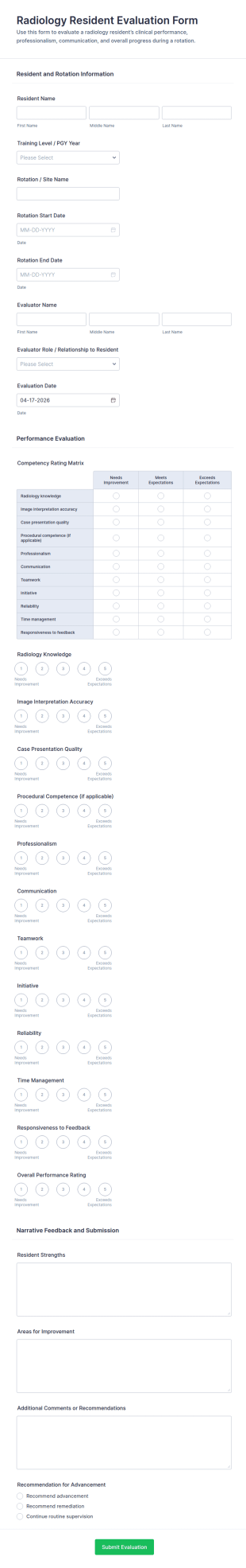 Radiology Resident Evaluation Form Template
