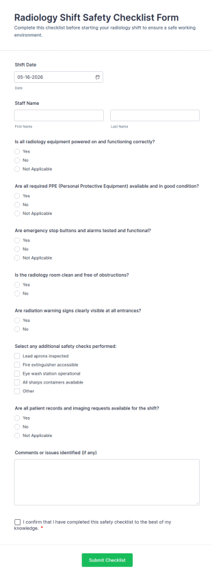 Radiology Shift Safety Checklist Form Template