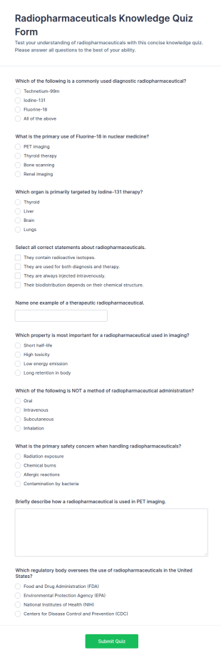 Radiopharmaceuticals Knowledge Quiz Form Template