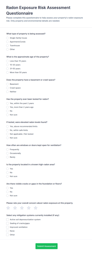 Radon Exposure Risk Assessment Questionnaire Form Template