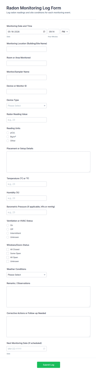 Radon Monitoring Log Form Template